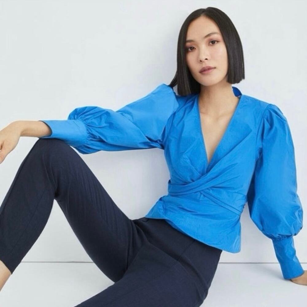 Veronica Beard Seema Blue Bell Twist Front Taffeta Puff Sleeve Peplum Blouse 4